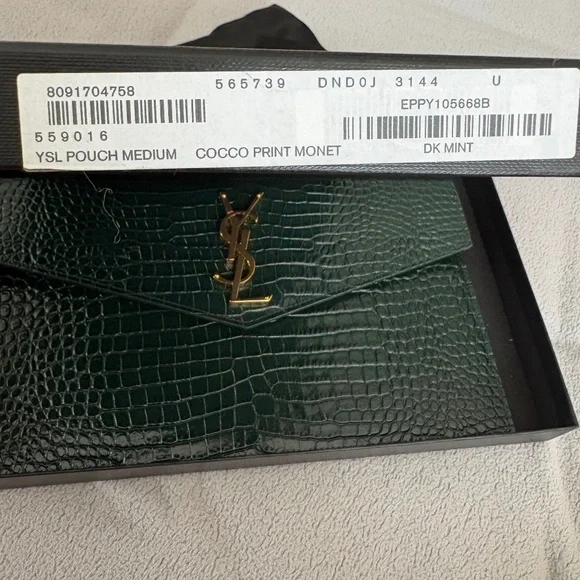 SAINT LAURENT YSL Dark Mint Green Uptown Croc Print Med Envelope Pouch Clutch - Picture 3 of 12